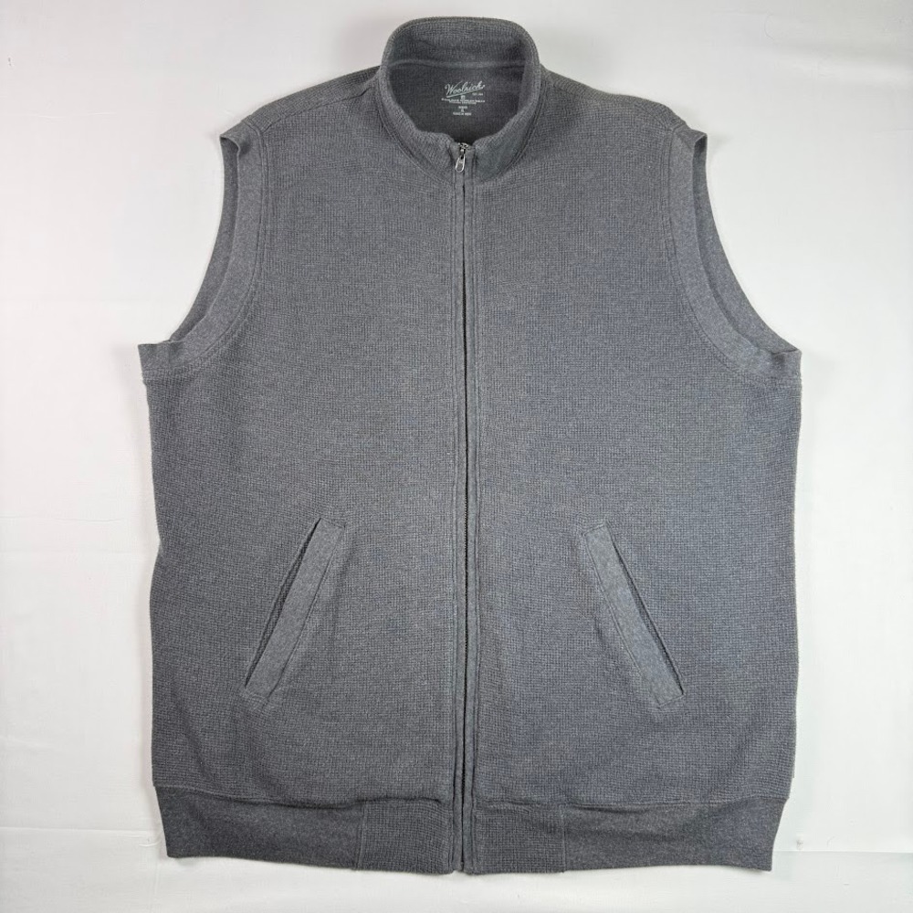 Woolrich Mens XL Gray Waffle Knit Full Zip Sweater Vest Relaxed Fit Pockets